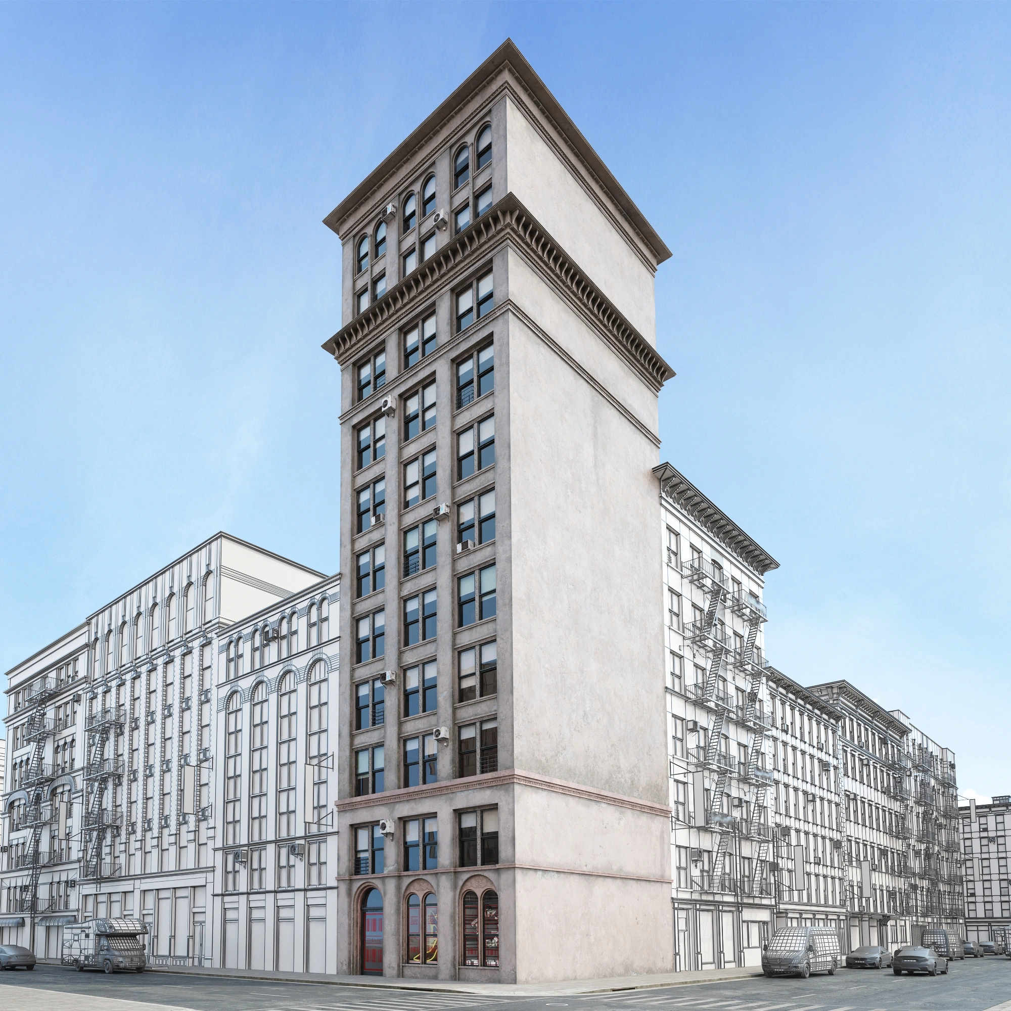 现代城市角落的古典建筑3D模型
