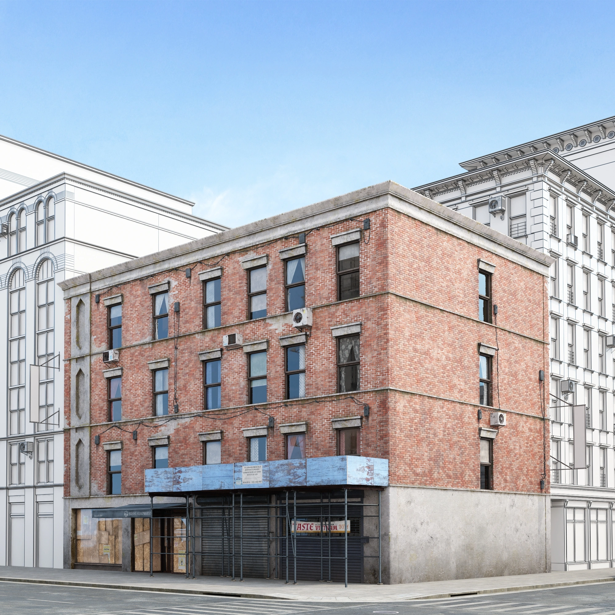 城市角落的红砖建筑3D模型