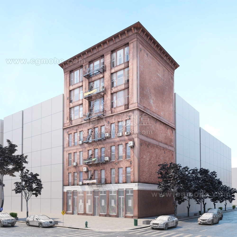 城市角落的红砖建筑3D模型
