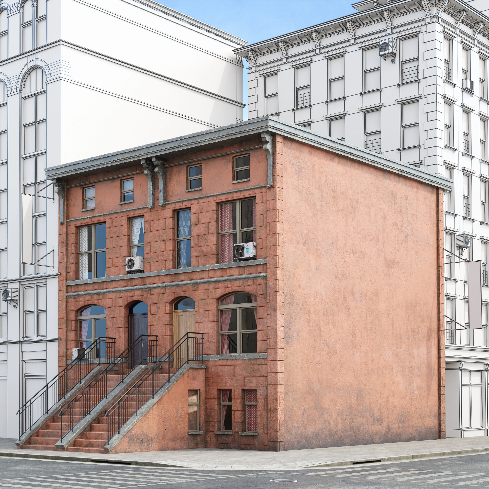 城市角落的古典红砖建筑3D模型