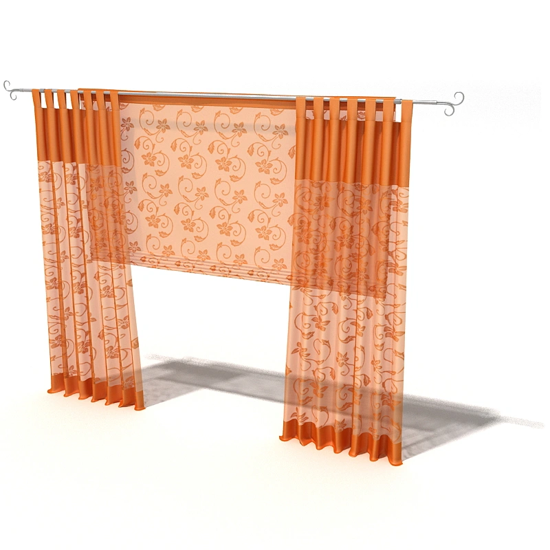 简约优雅橙色花卉窗帘3D模型家居装饰