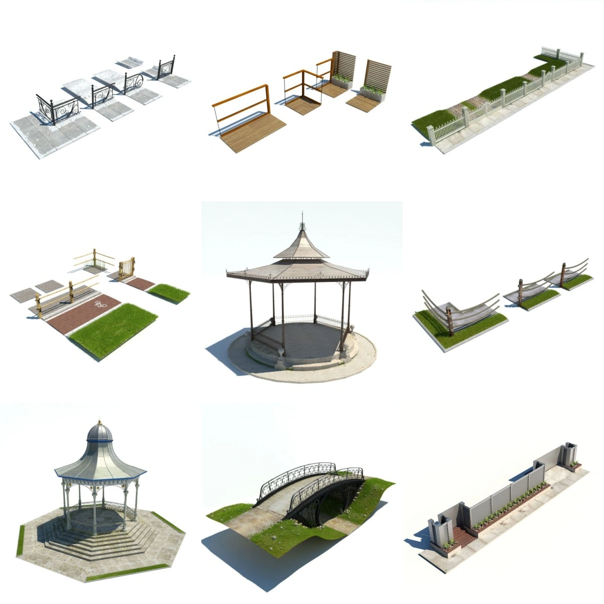 现代风格户外铁艺栏杆围栏与石板地面3D模型