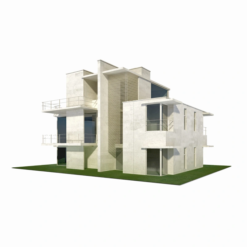 现代简约白色多层建筑模型阳台露台草坪环绕