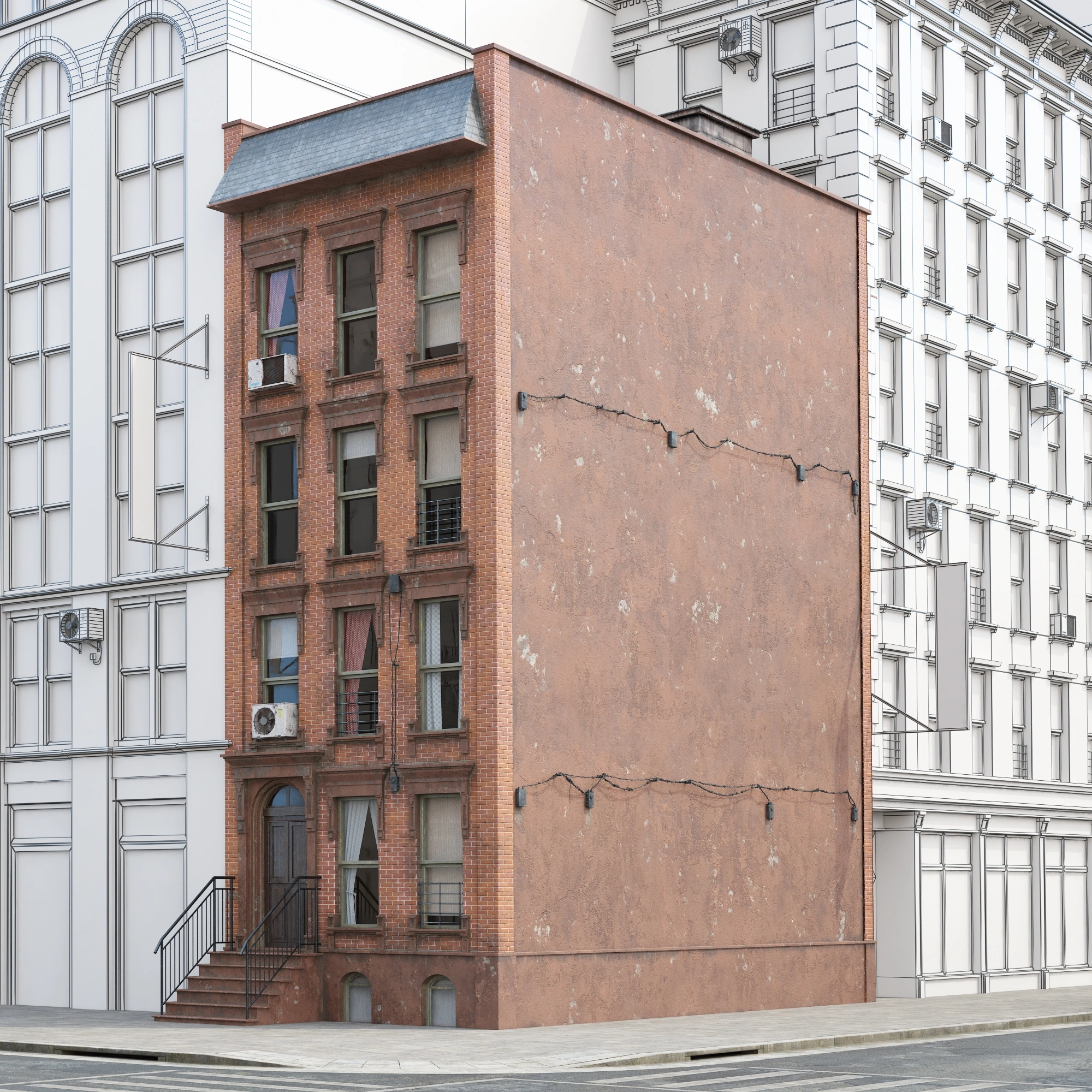 城市角落的红砖建筑3D模型