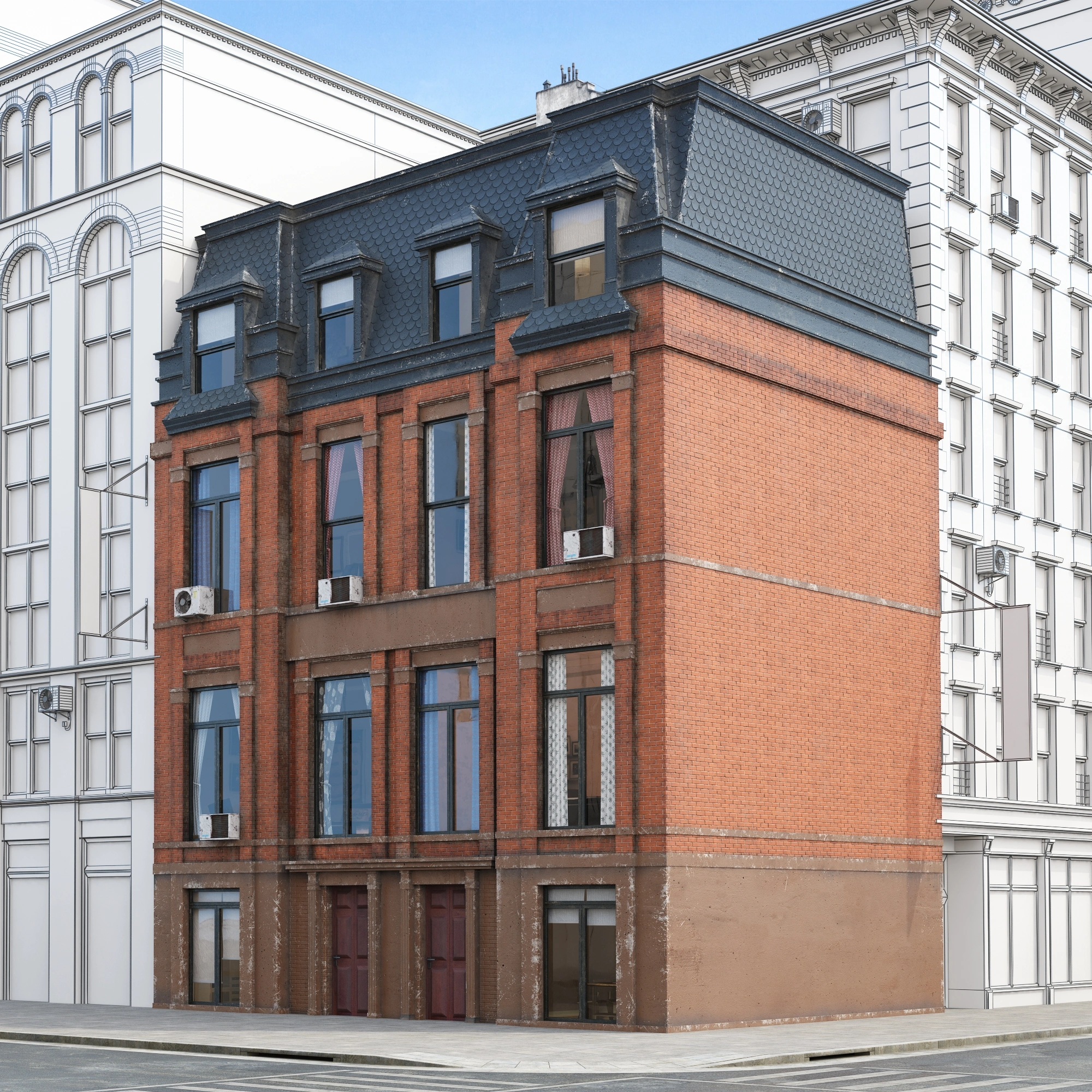 经典红砖角落建筑3D模型