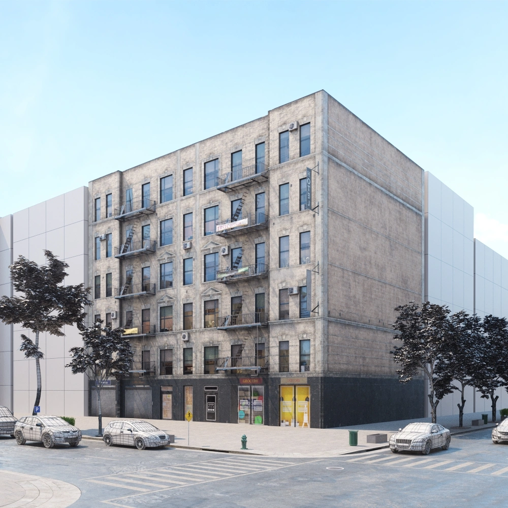 现代城市角落的多层建筑3D模型