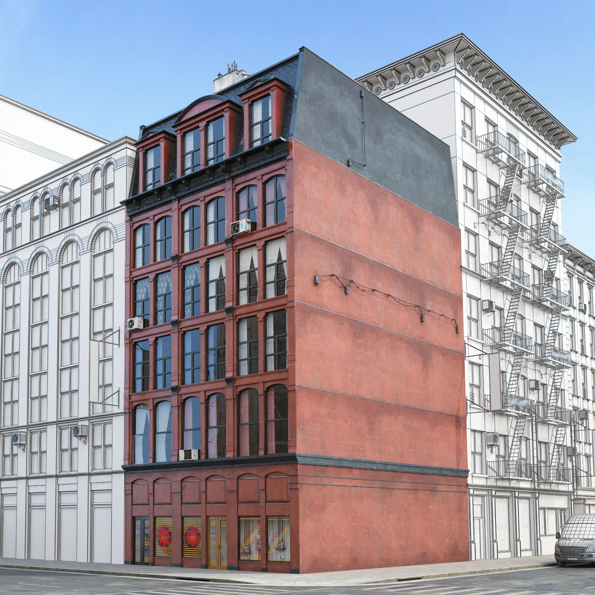 城市角落的红砖建筑3D模型