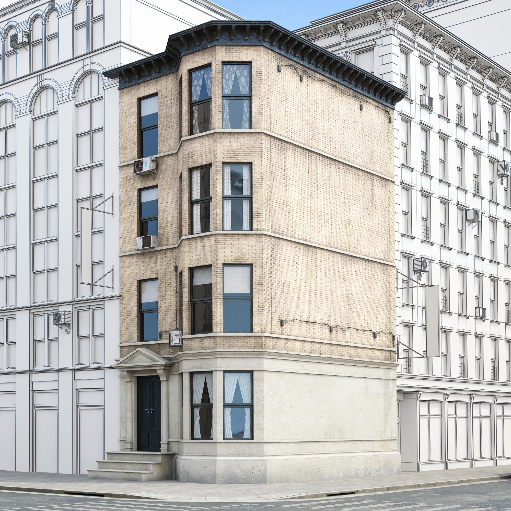 城市角落的经典三层建筑3D模型